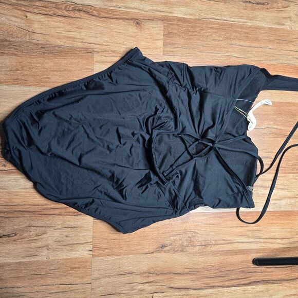 Mynah Womens XL Black One Shoulder Swimsuit Ruched Waist Adjustable Straps - Picture 6 of 9